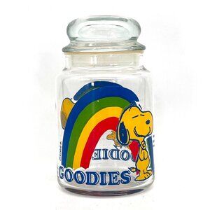 Vintage Peanuts Snoopy & Woodstock Rainbow Glass Goodies Cookie Candy Jar 7"
